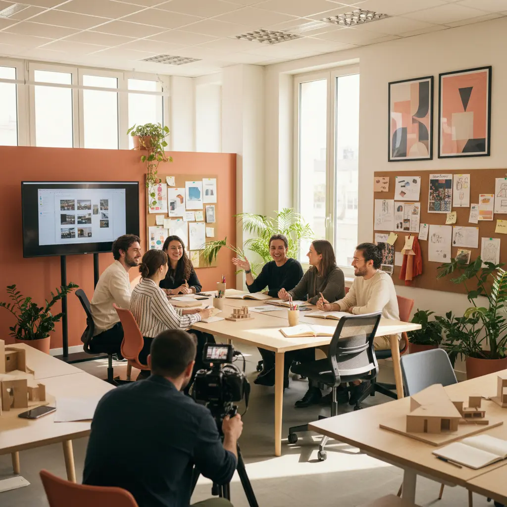 des collaborateurs autour d'une table de réunion qui sont entrain de filmer un film corporate. Ce film est réalisé par e'motion